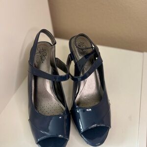 LifeStride Vena Navy Blue Patent Peep Toe Slingback Heels Size 10M ✨